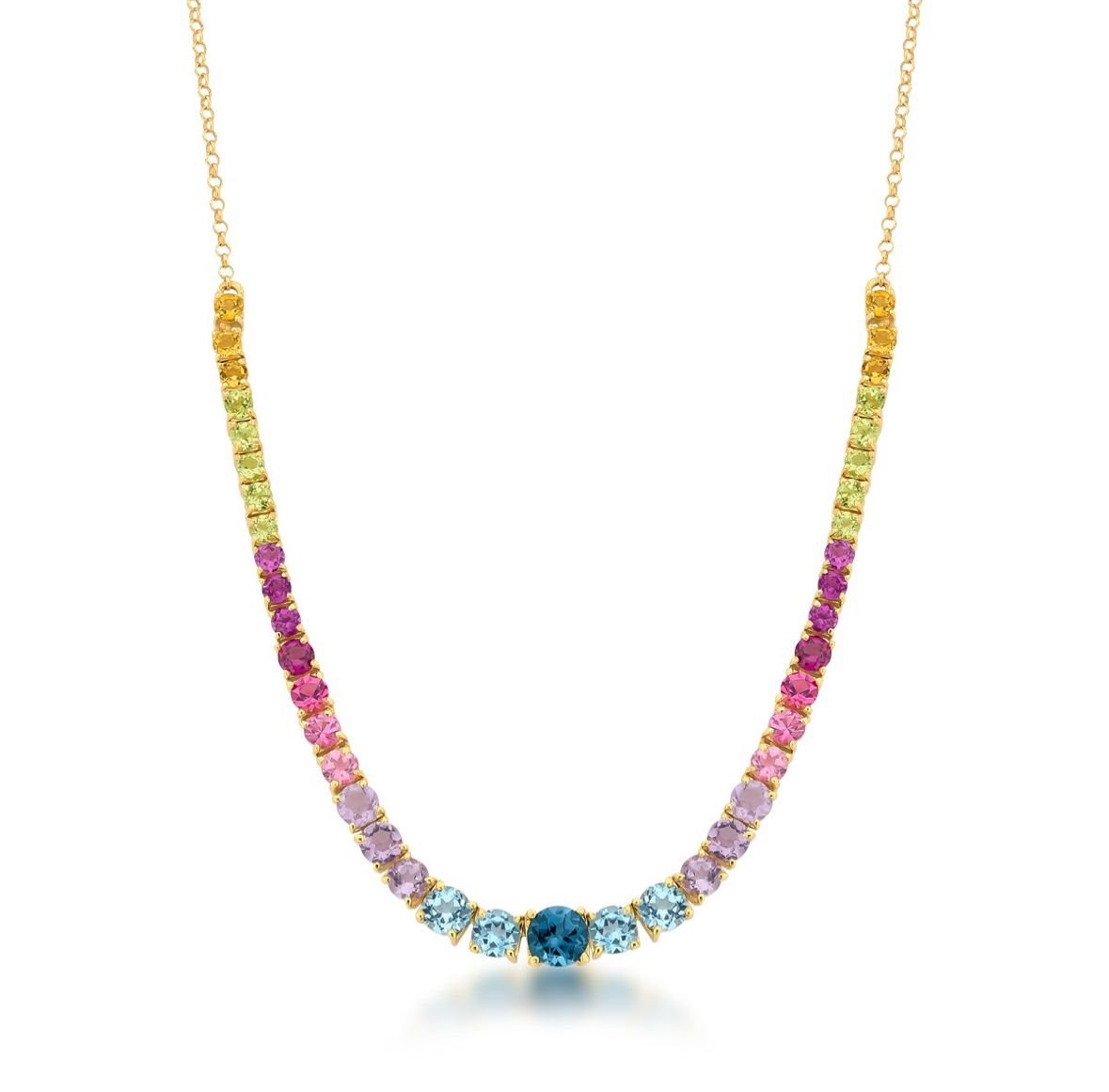 Colar Riviera em Ouro Amarelo com Topázios Azuis, Rodolita, Peridoto, Ametista, Citrino e Turmalina Amarela